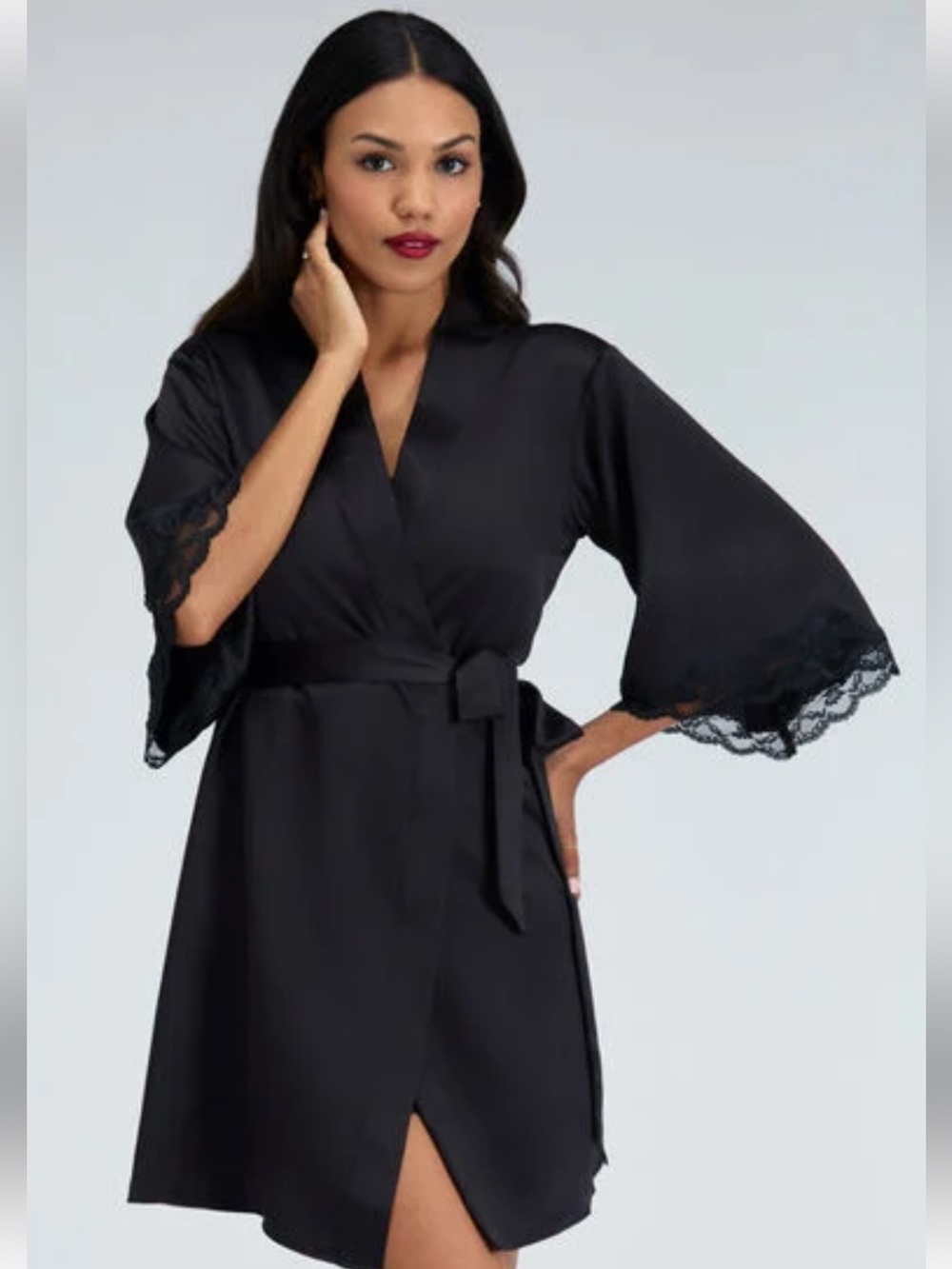 Victoria's Secret Black Satin Lace-Trim Kimono Robe